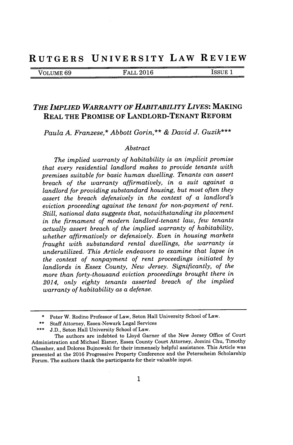 The Implied Warranty of Habitability Lives: Making Real the Promise of Landlord-Tenant Reform