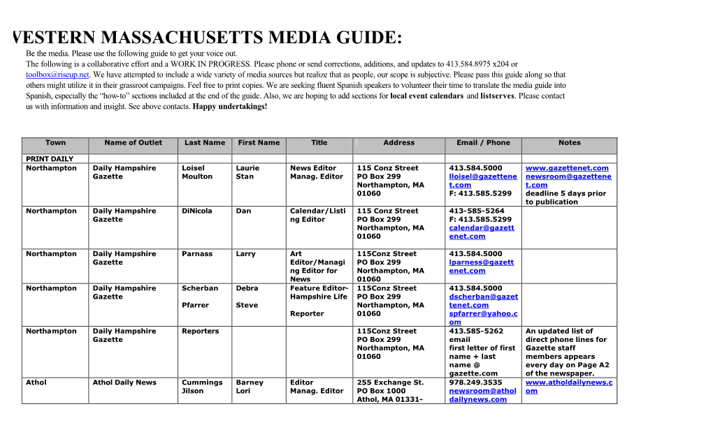 WESTERN MASSACHUSETTS MEDIA GUIDE: Be the Media