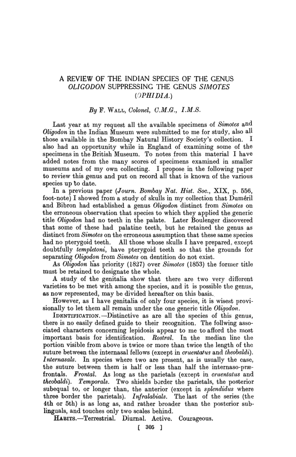 A Review of the Indian Species of the Genus Oligodon Suppressing the Genus Simotes (Ophidia.)