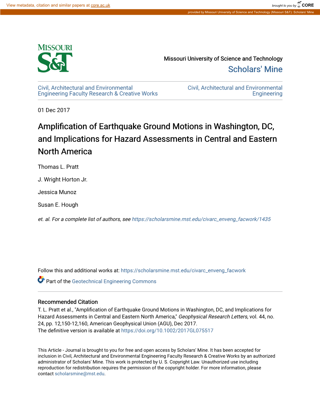 Amplification of Earthquake Ground Motions in Washington, DC, and Implications for Hazard Assessments in Central and Eastern North America