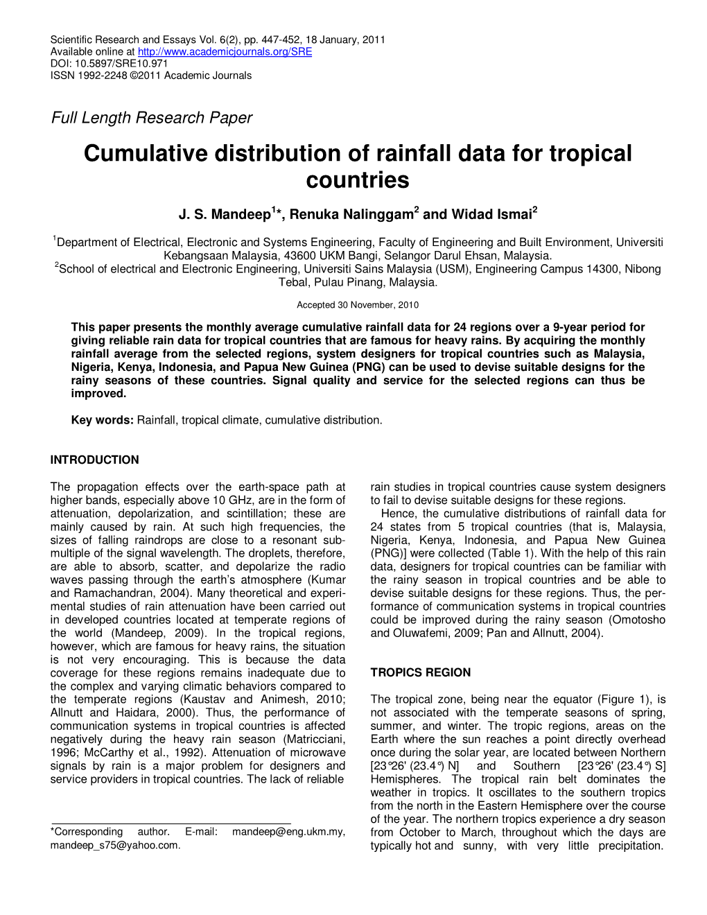 Cumulative Distribution of Rainfall Data for Tropical Countries