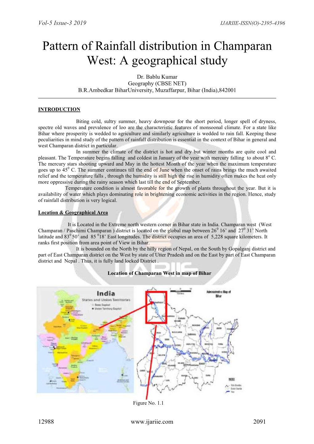 Pattern of Rainfall Distribution in West Champaran: a Geographical Study