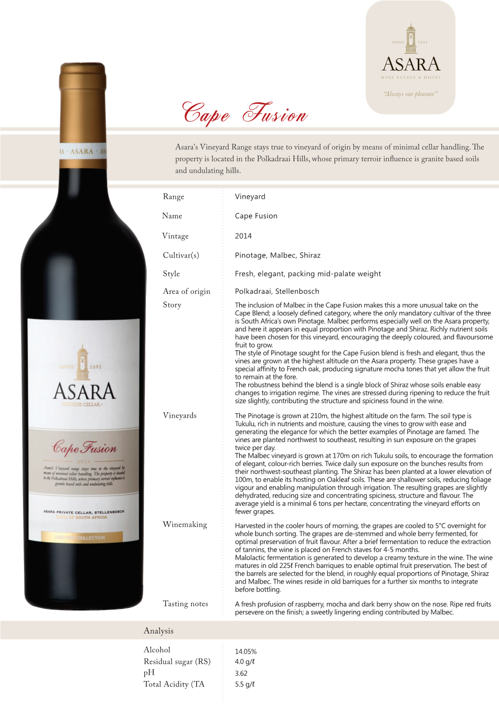 Asara Tasting Sheets VC Cape Fusion 2014