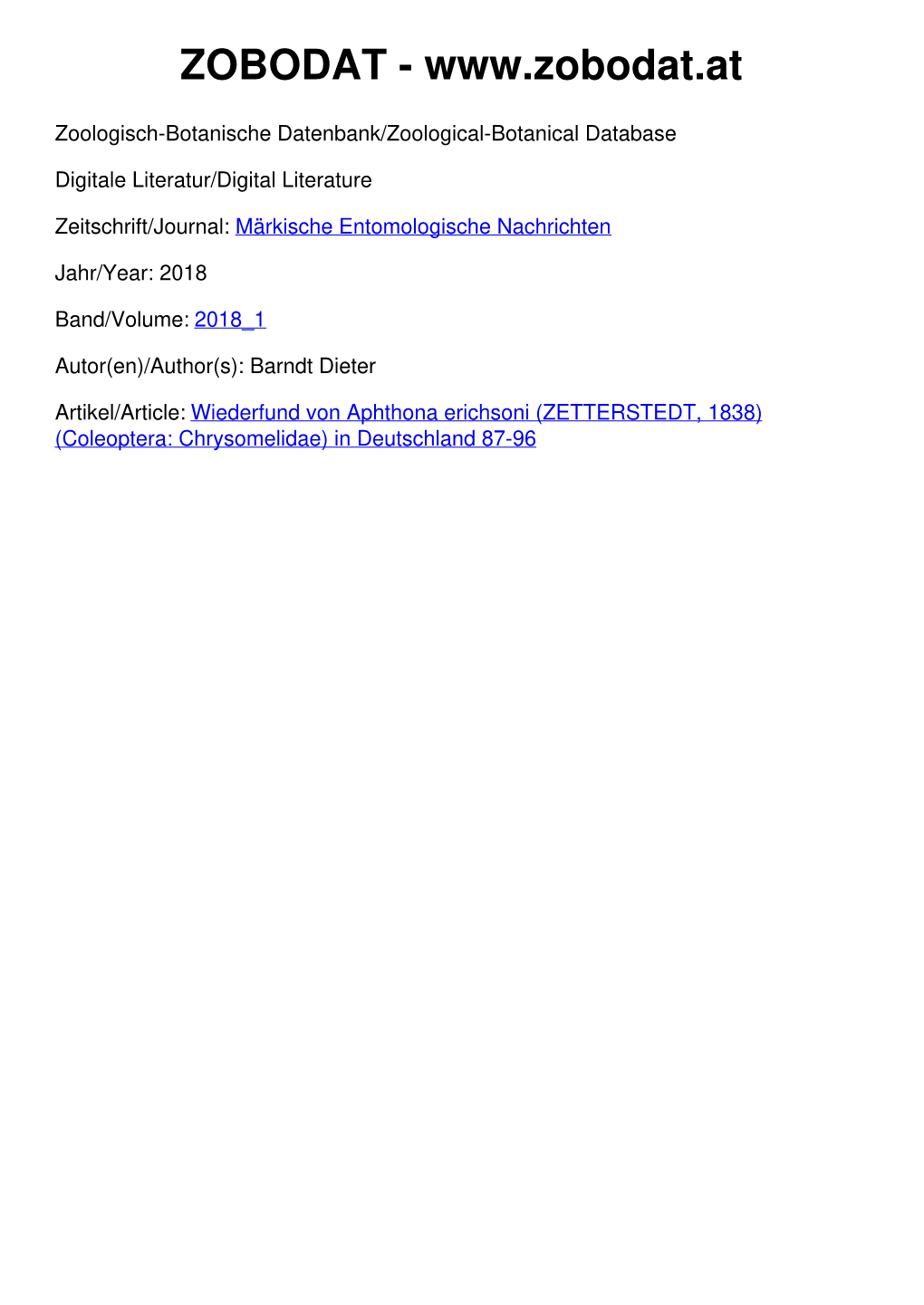 Wiederfund Von Aphthona Erichsoni (ZETTERSTEDT, 1838) (Coleoptera: Chrysomelidae) in Deutschland 87-96 Märkische Ent