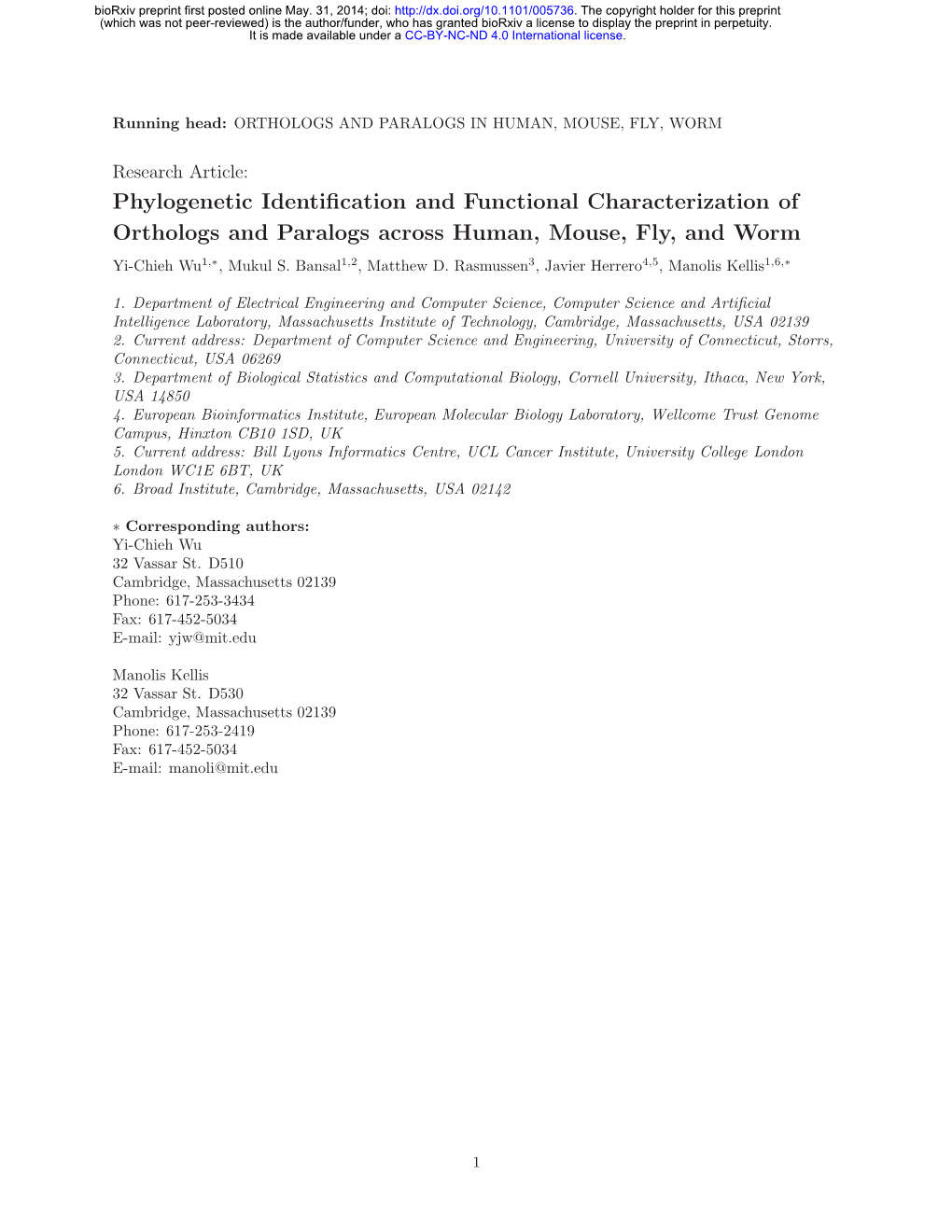 Phylogenetic Identification and Functional Characterization of Orthologs and Paralogs Across Human, Mouse, Fly, and Worm