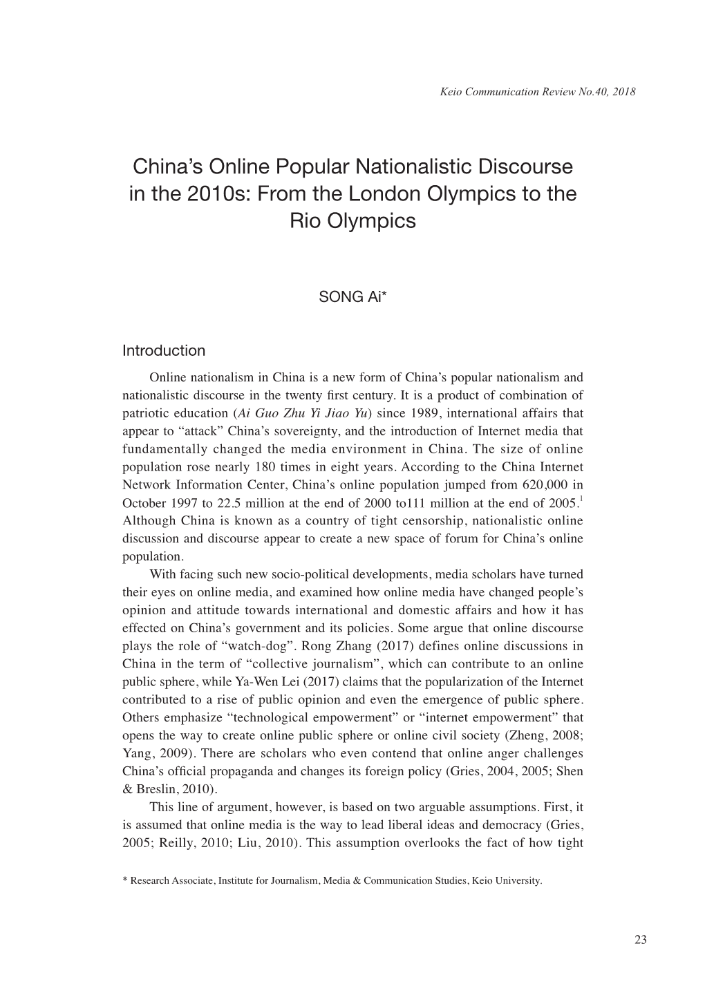 China's Online Popular Nationalistic Discourse in the 2010S: from the London Olympics to the Rio Olympics