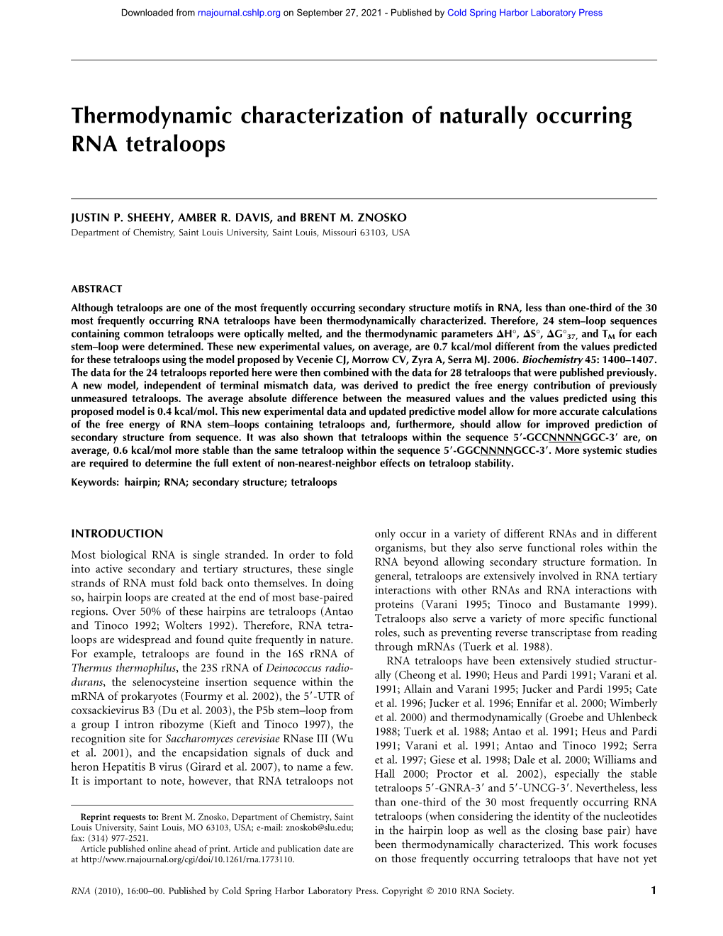 Thermodynamic Characterization of Naturally Occurring RNA Tetraloops