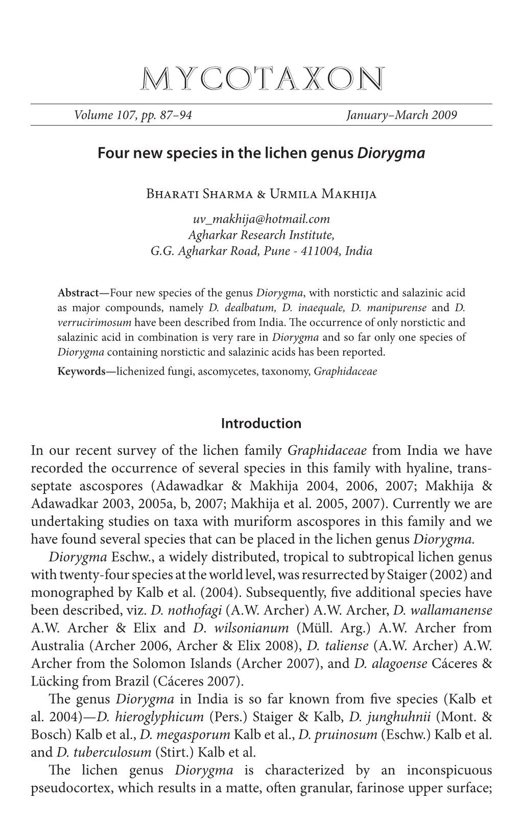 Four New Species in the Lichen Genus &lt;I&gt;Diorygma&lt;/I&gt;