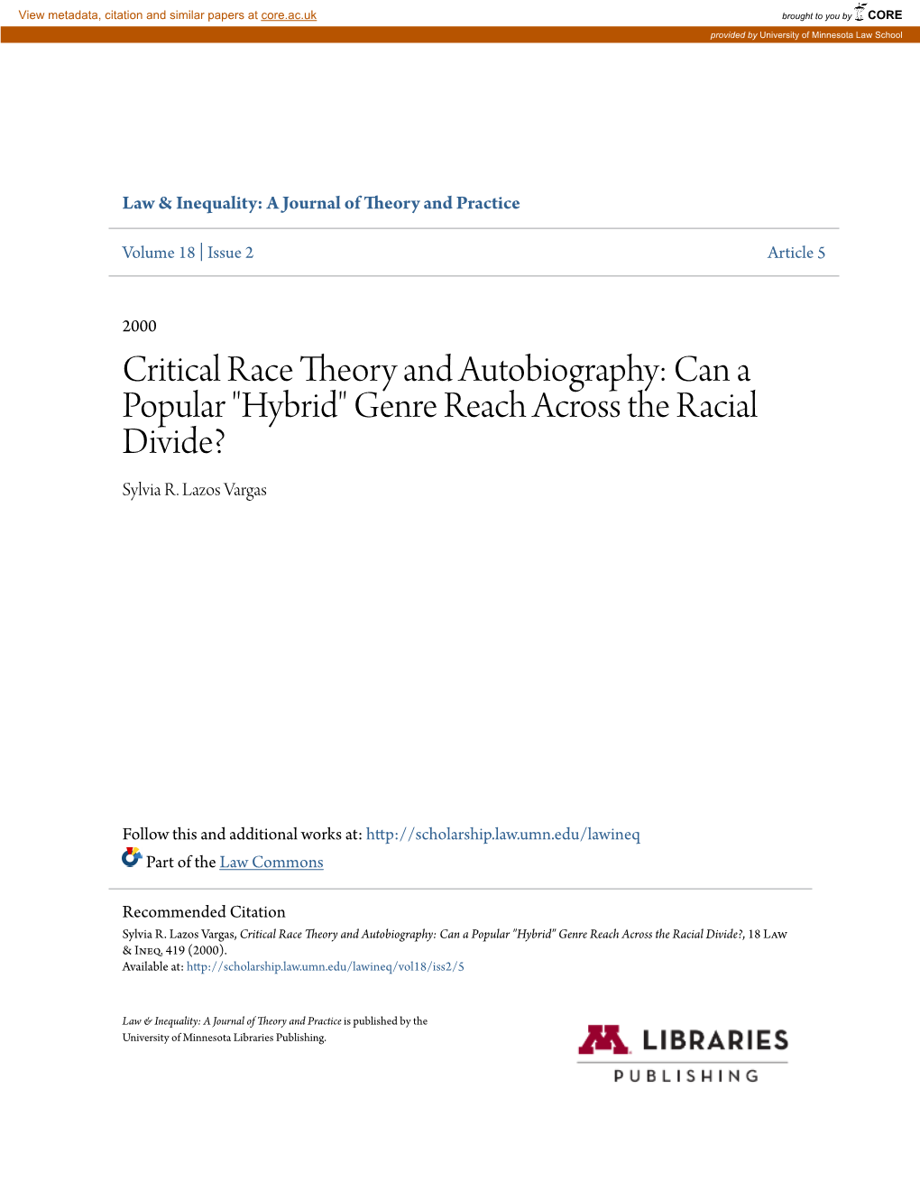 Critical Race Theory and Autobiography: Can a Popular 