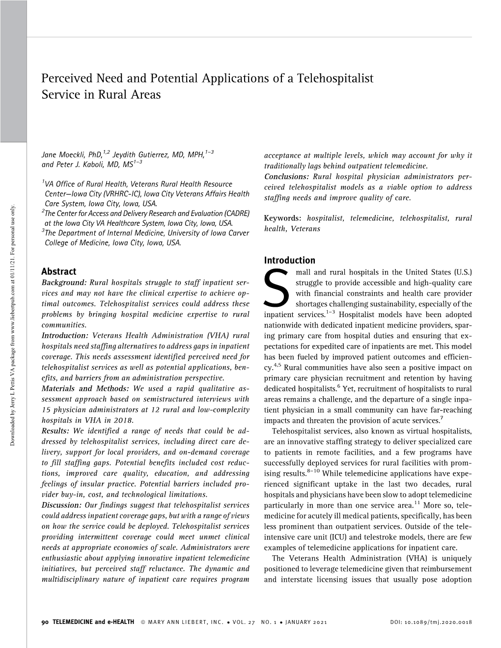 Perceived Need and Potential Applications of a Telehospitalist Service in Rural Areas