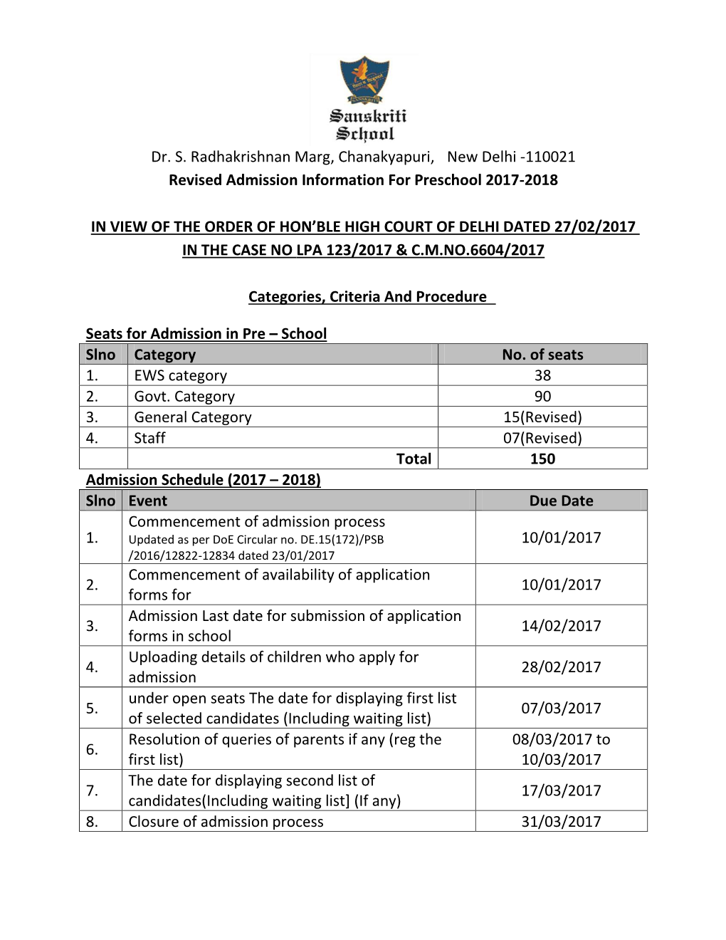 Dr. S. Radhakrishnan Marg, Chanakyapuri, New Delhi -110021 Revised Admission Information for Preschool 2017-2018