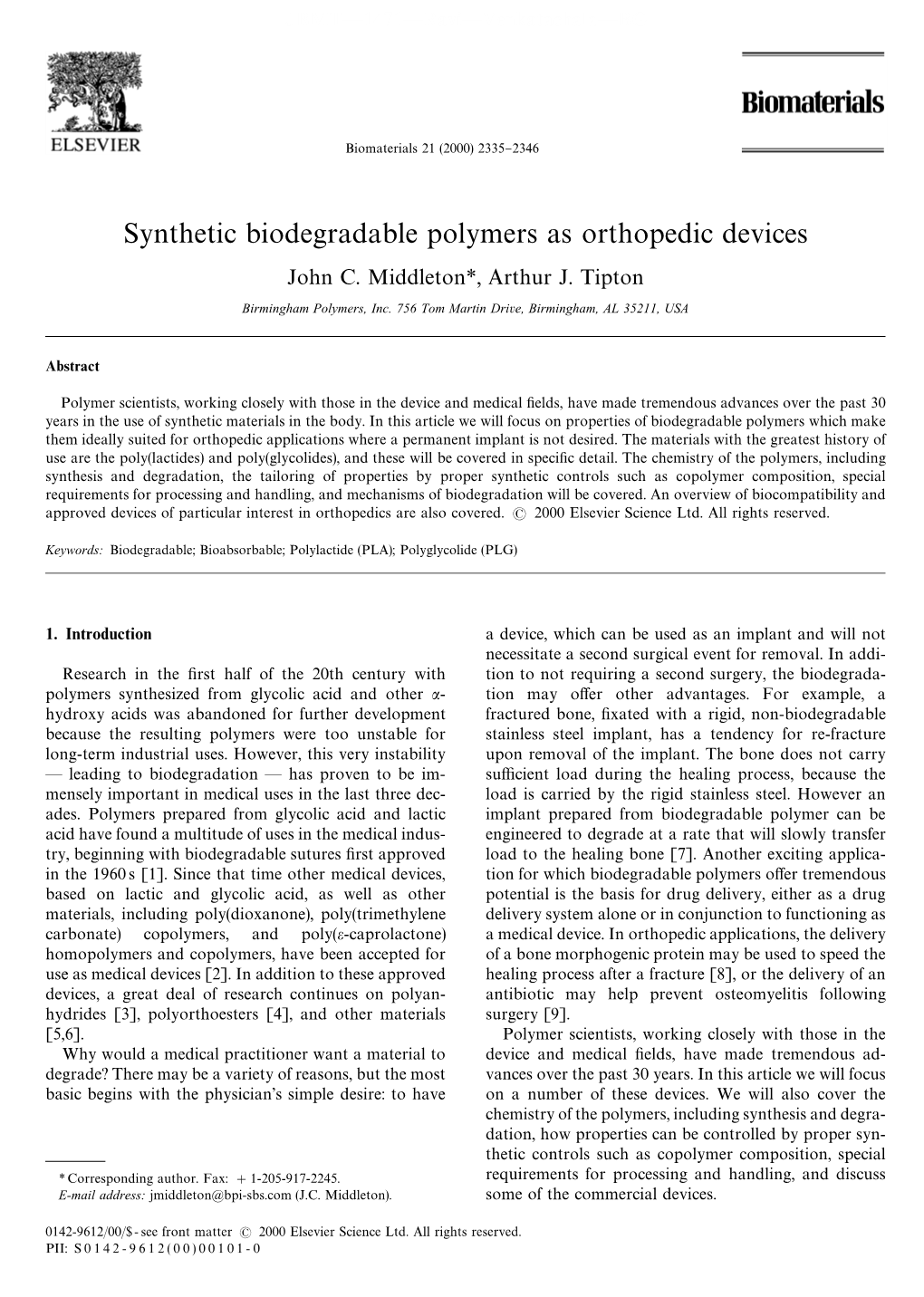 Synthetic Biodegradable Polymers As Orthopedic Devices John C