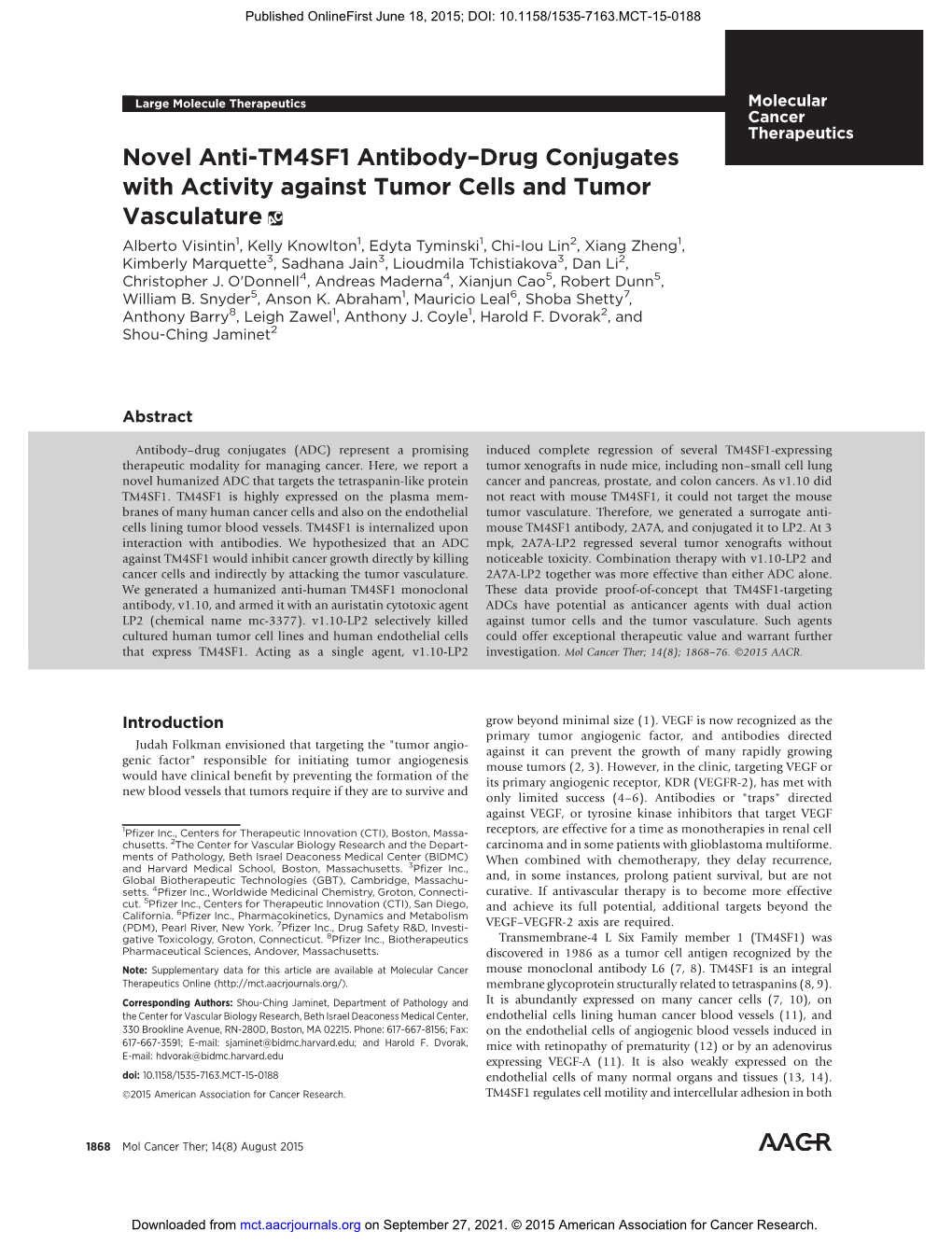 Novel Anti-TM4SF1 Antibody–Drug Conjugates with Activity Against