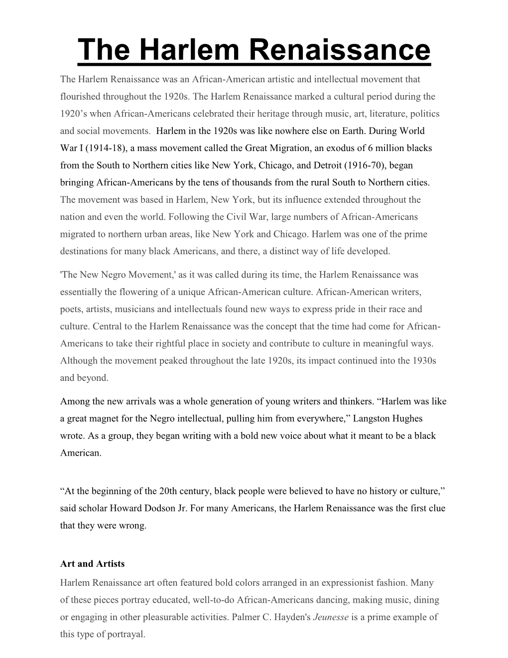 The Harlem Renaissance the Harlem Renaissance Was an African-American Artistic and Intellectual Movement That Flourished Throughout the 1920S