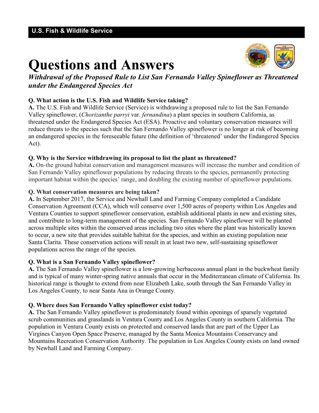 Questions and Answers Withdrawal of the Proposed Rule to List San Fernando Valley Spineflower As Threatened Under the Endangered Species Act