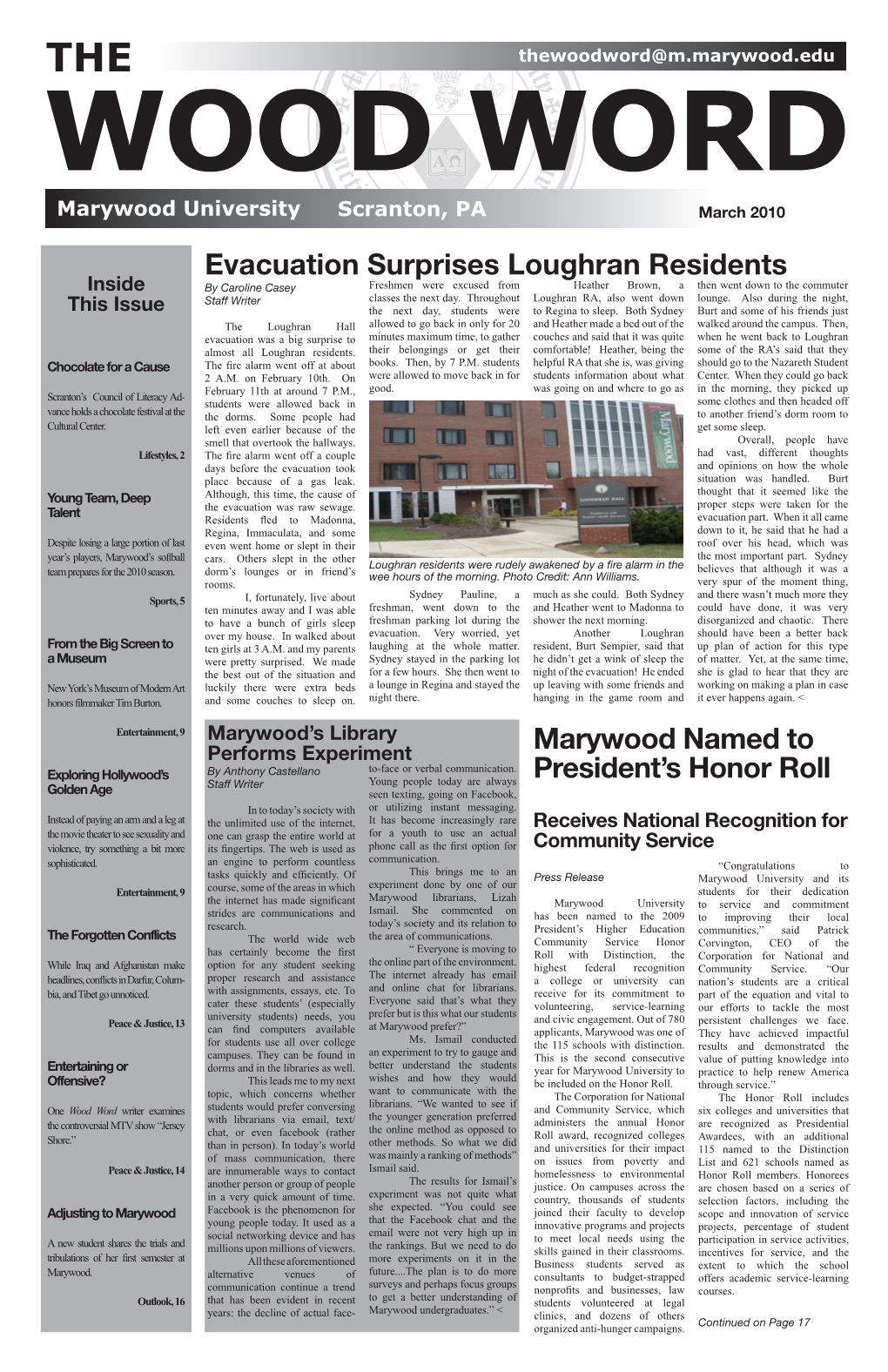 Evacuation Surprises Loughran Residents Marywood Named to President's Honor Roll