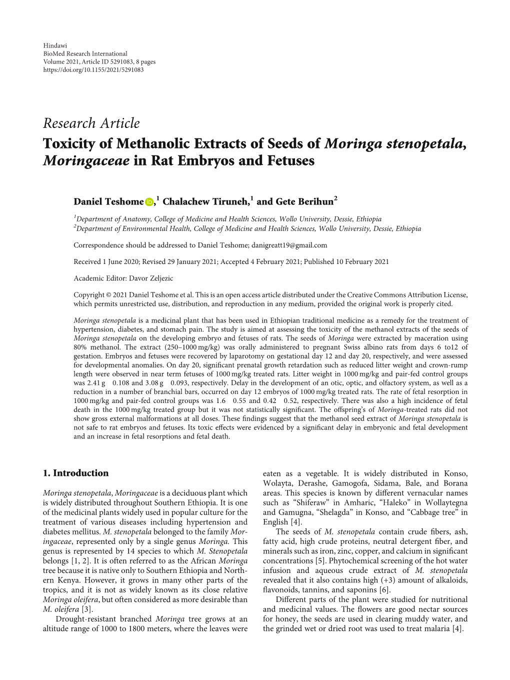 Research Article Toxicity of Methanolic Extracts of Seeds of Moringa Stenopetala, Moringaceae in Rat Embryos and Fetuses