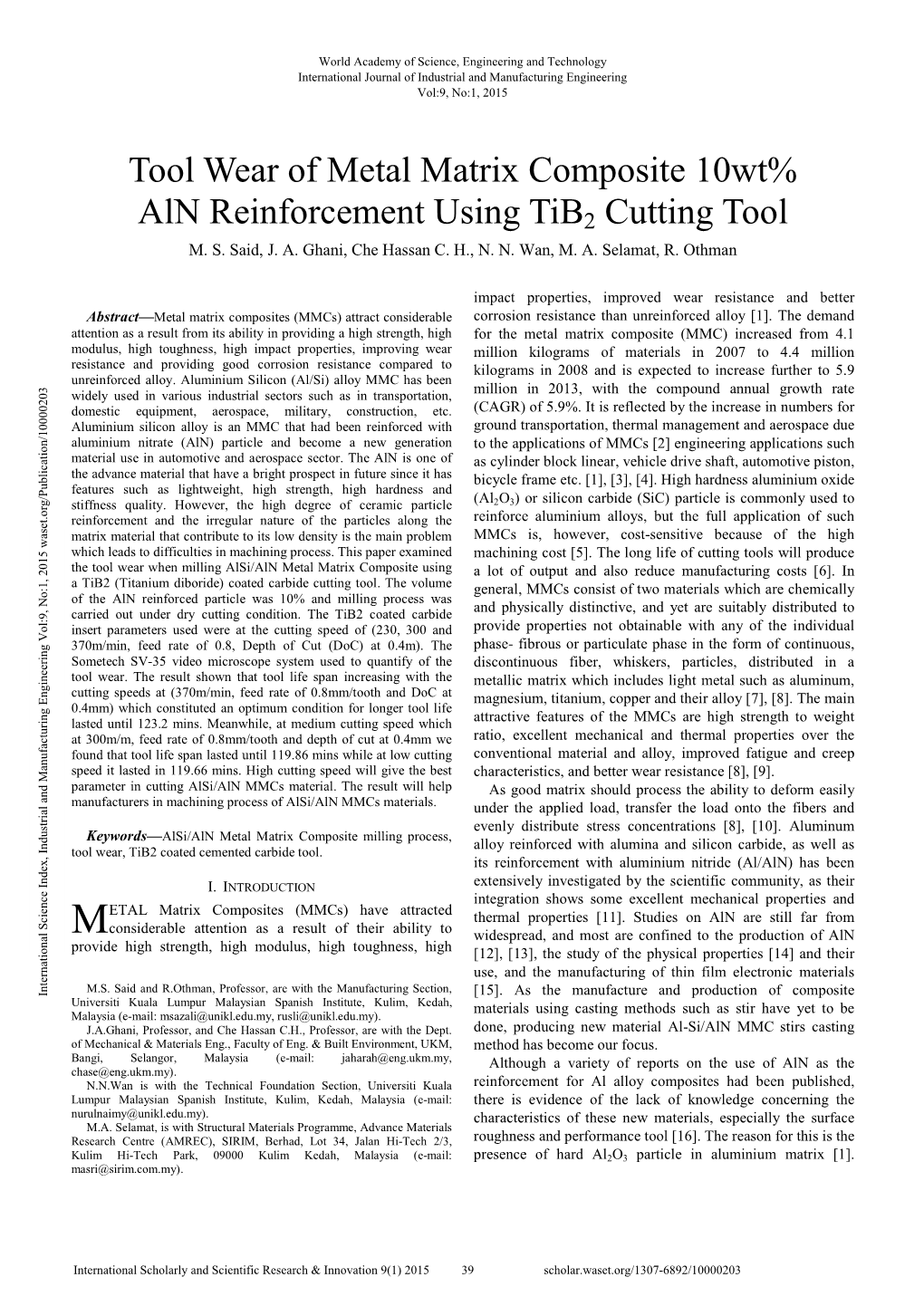 Tool Wear of Metal Matrix Composite 10Wt% Aln Reinforcement Using Tib 2 Cutting Tool M