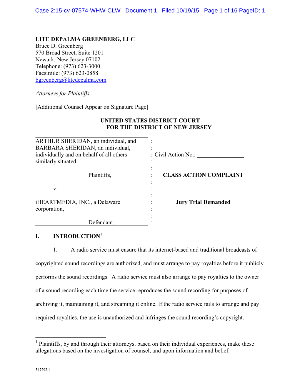Iheartmedia, INC., a Delaware : Jury Trial Demanded Corporation, : : Defendant,