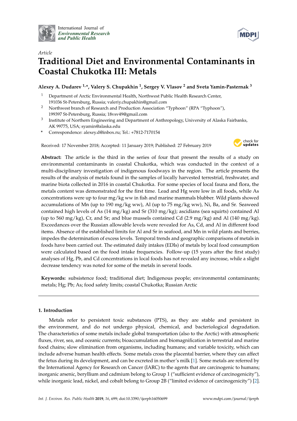 Traditional Diet and Environmental Contaminants in Coastal Chukotka III: Metals