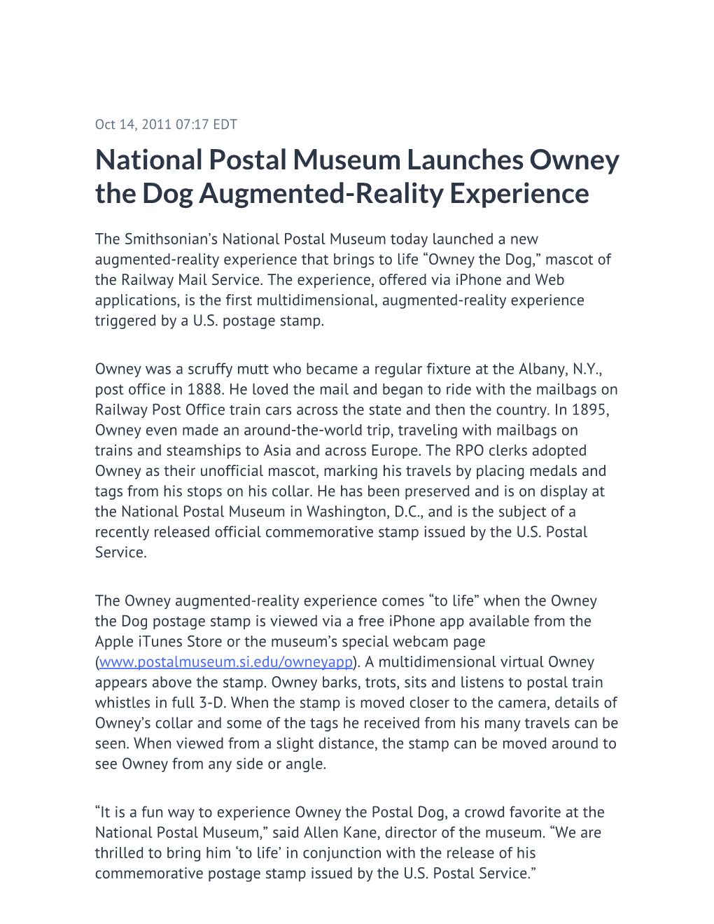 National Postal Museum Launches Owney the Dog Augmented-Reality Experience