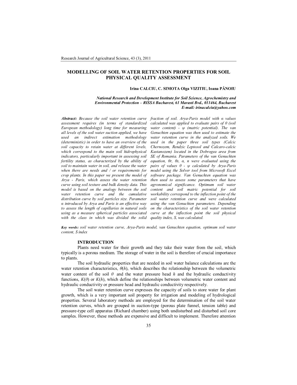 Modelling of Soil Water Retention Properties for Soil Physical Quality Assessment