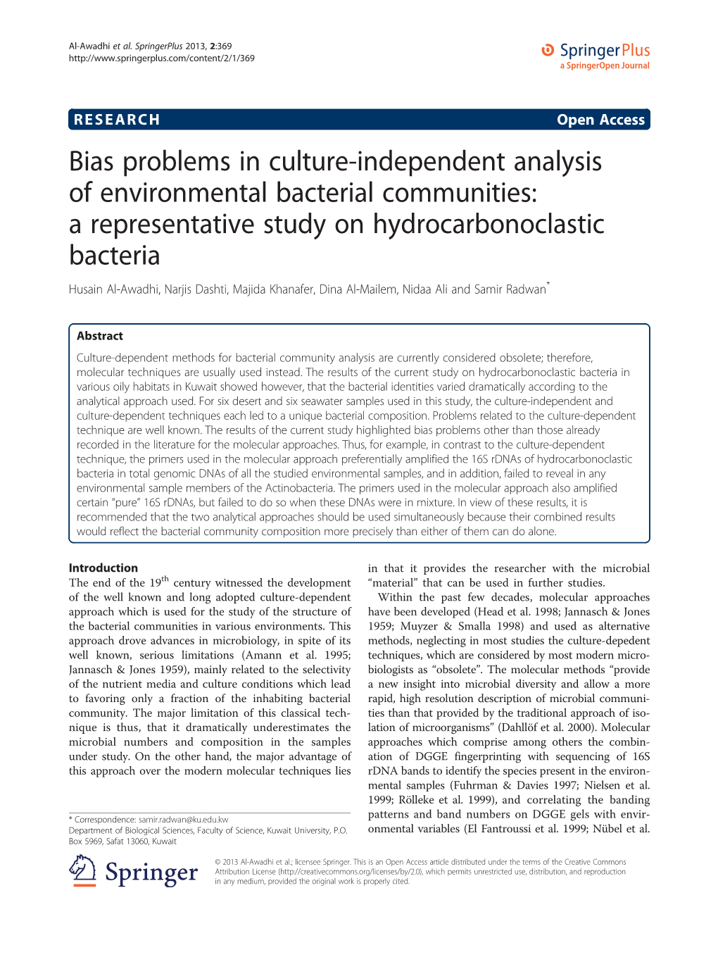 Bias Problems in Culture-Independent Analysis of Environmental Bacterial