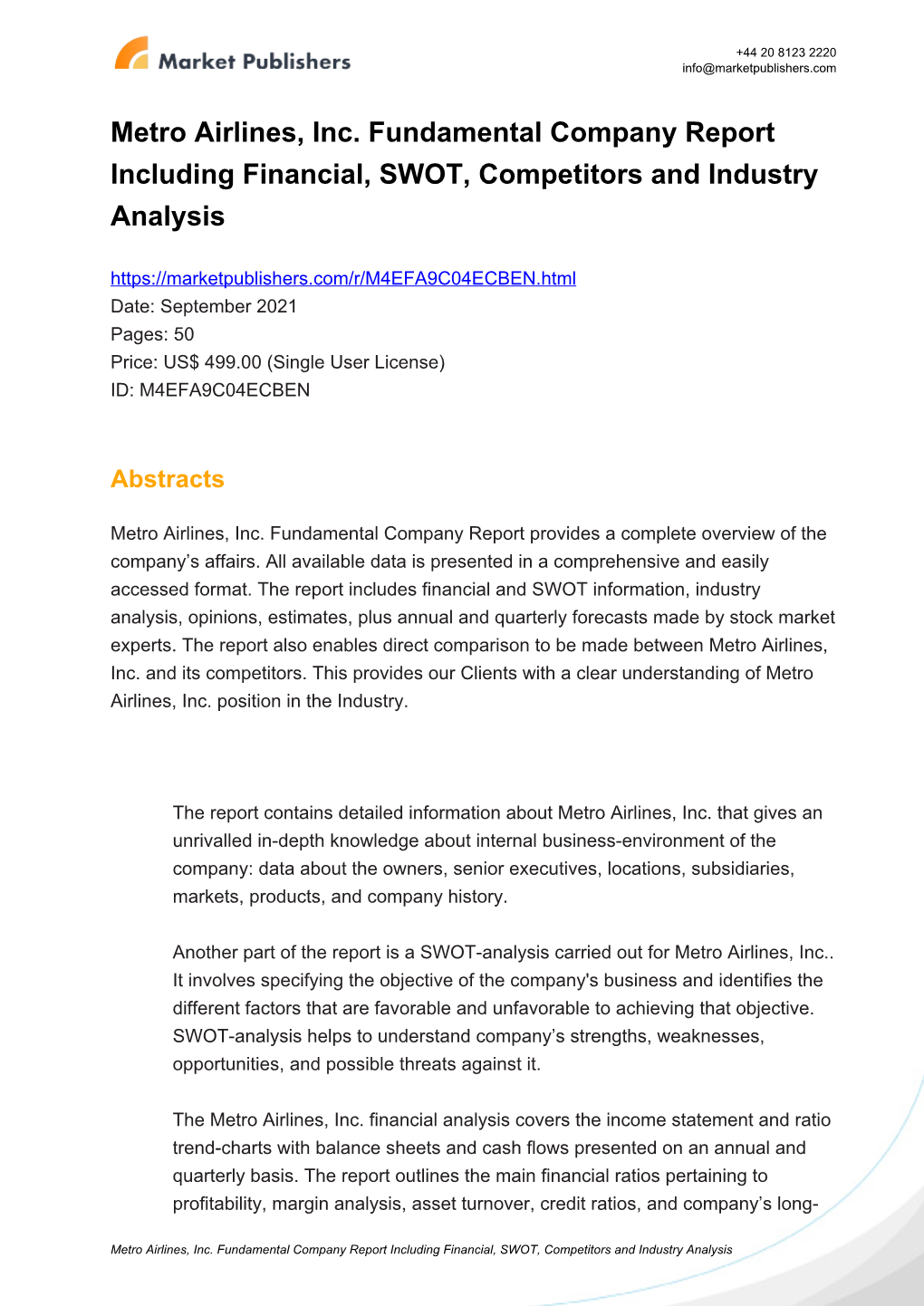 Metro Airlines, Inc. Fundamental Company Report Including Financial, SWOT, Competitors and Industry Analysis