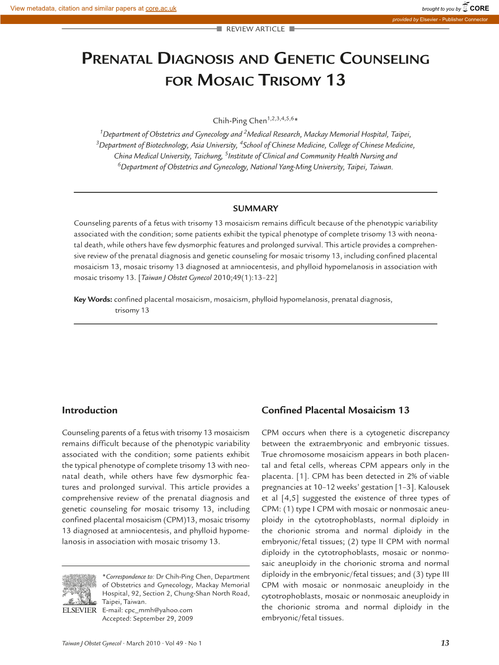 Prenatal Diagnosis and Genetic Counseling for Mosaic Trisomy 13