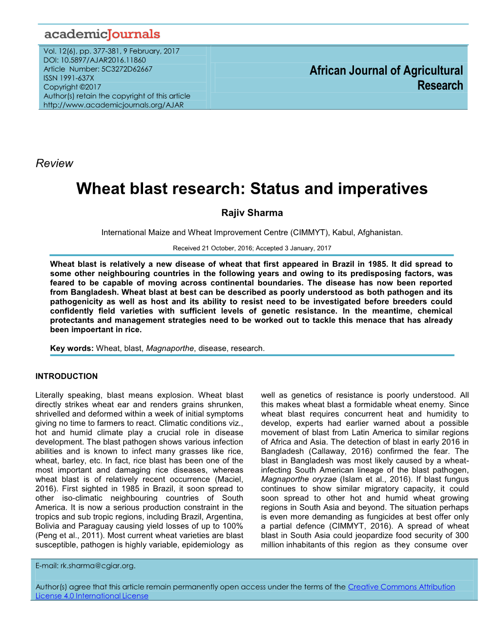 Wheat Blast Research: Status and Imperatives