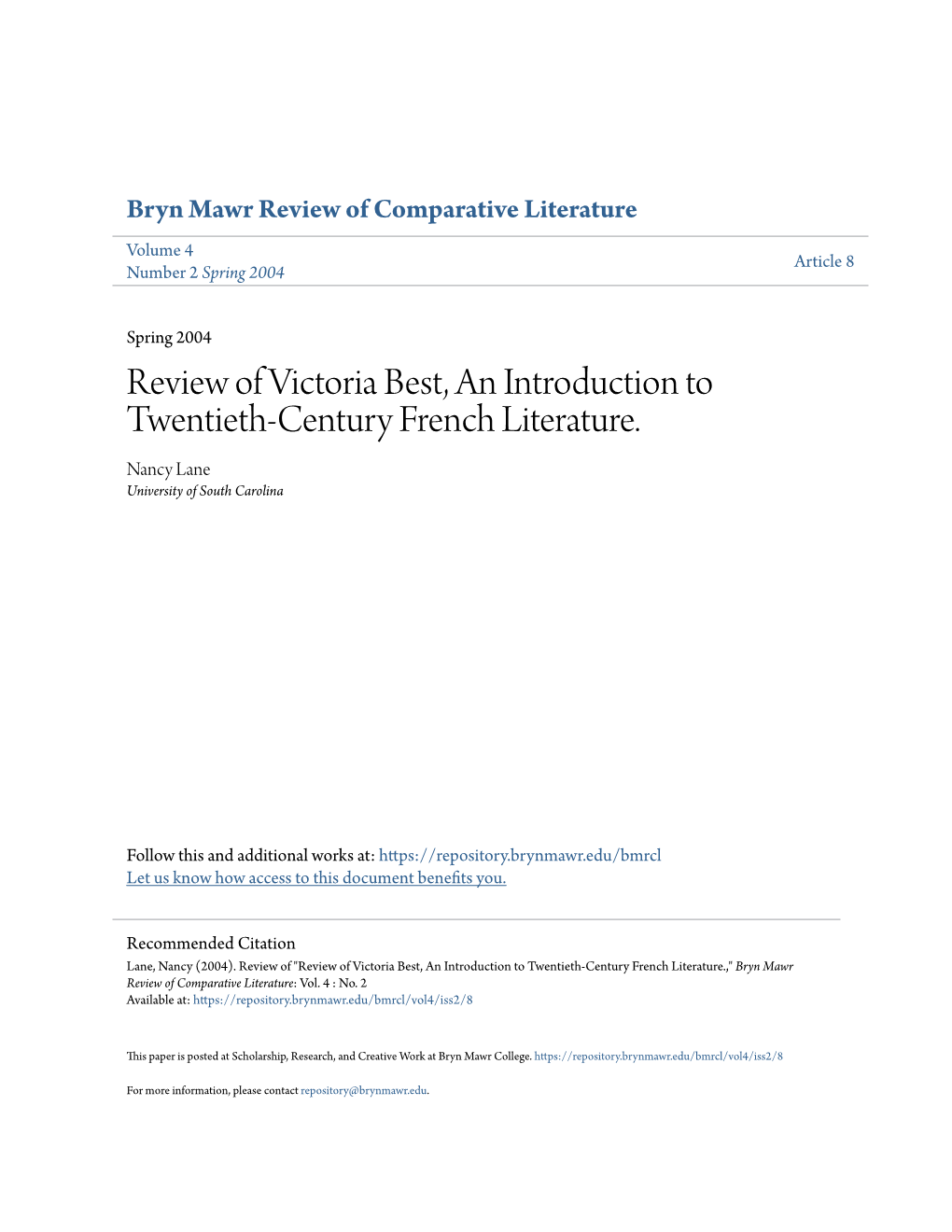 Review of Victoria Best, an Introduction to Twentieth-Century French Literature