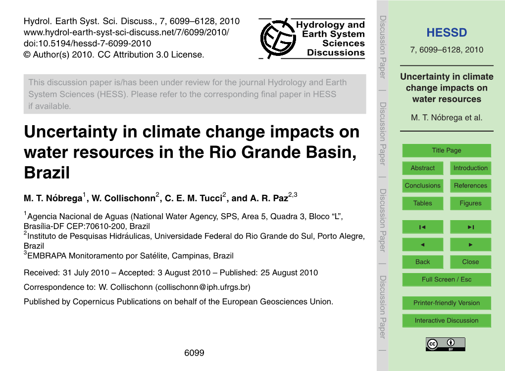 Uncertainty in Climate Change Impacts on Water Resources in the Rio Grande Basin, Title Page Brazil Abstract Introduction Conclusions References M
