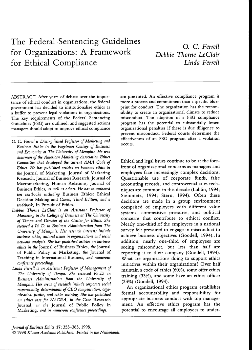 The Federal Sentencing Guidelines for Organizations: a Framework for Ethical Compliance