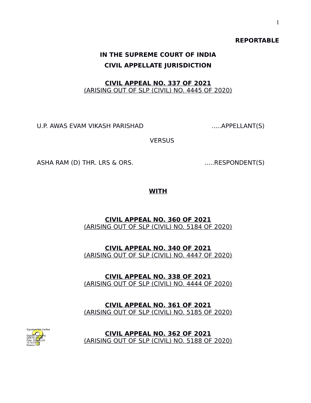 1 Reportable in the Supreme Court of India Civil Appellate Jurisdiction Civil Appeal No. 337 of 2021 (Arising out of Slp (Civil)