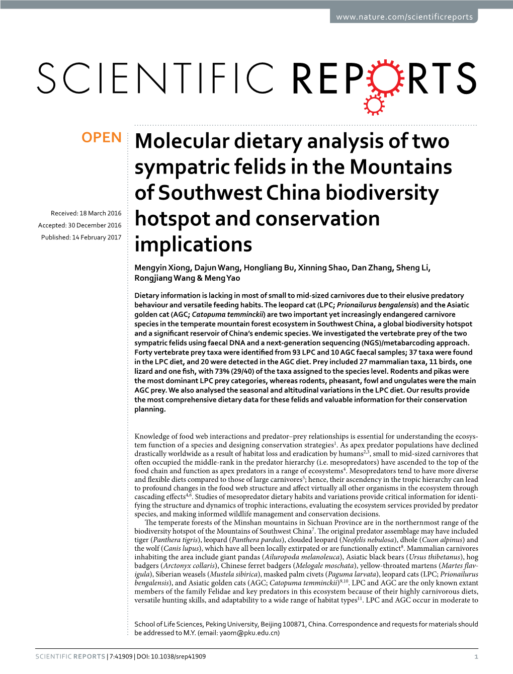 Molecular Dietary Analysis of Two Sympatric Felids in the Mountains Of