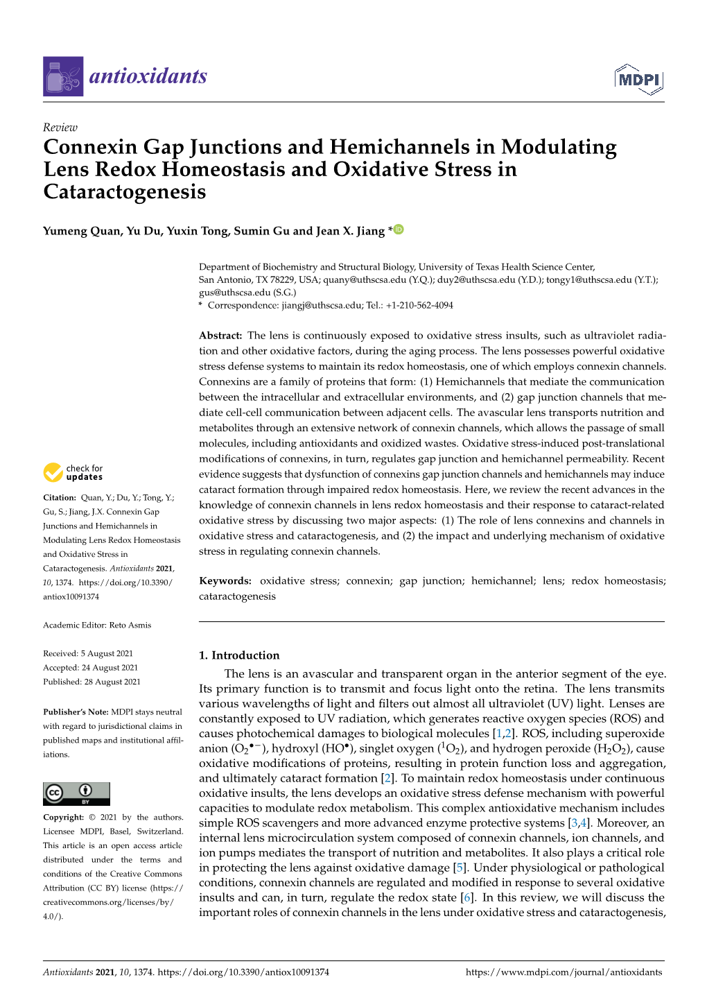 Connexin Gap Junctions and Hemichannels in Modulating Lens Redox Homeostasis and Oxidative Stress in Cataractogenesis