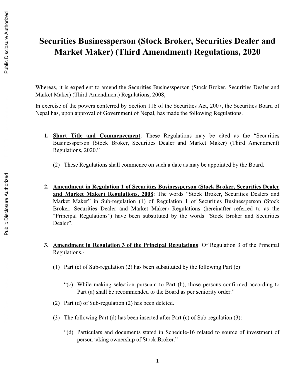 Securities Businessperson (Stock Broker, Securities Dealer and Market Maker) (Third Amendment) Regulations, 2020