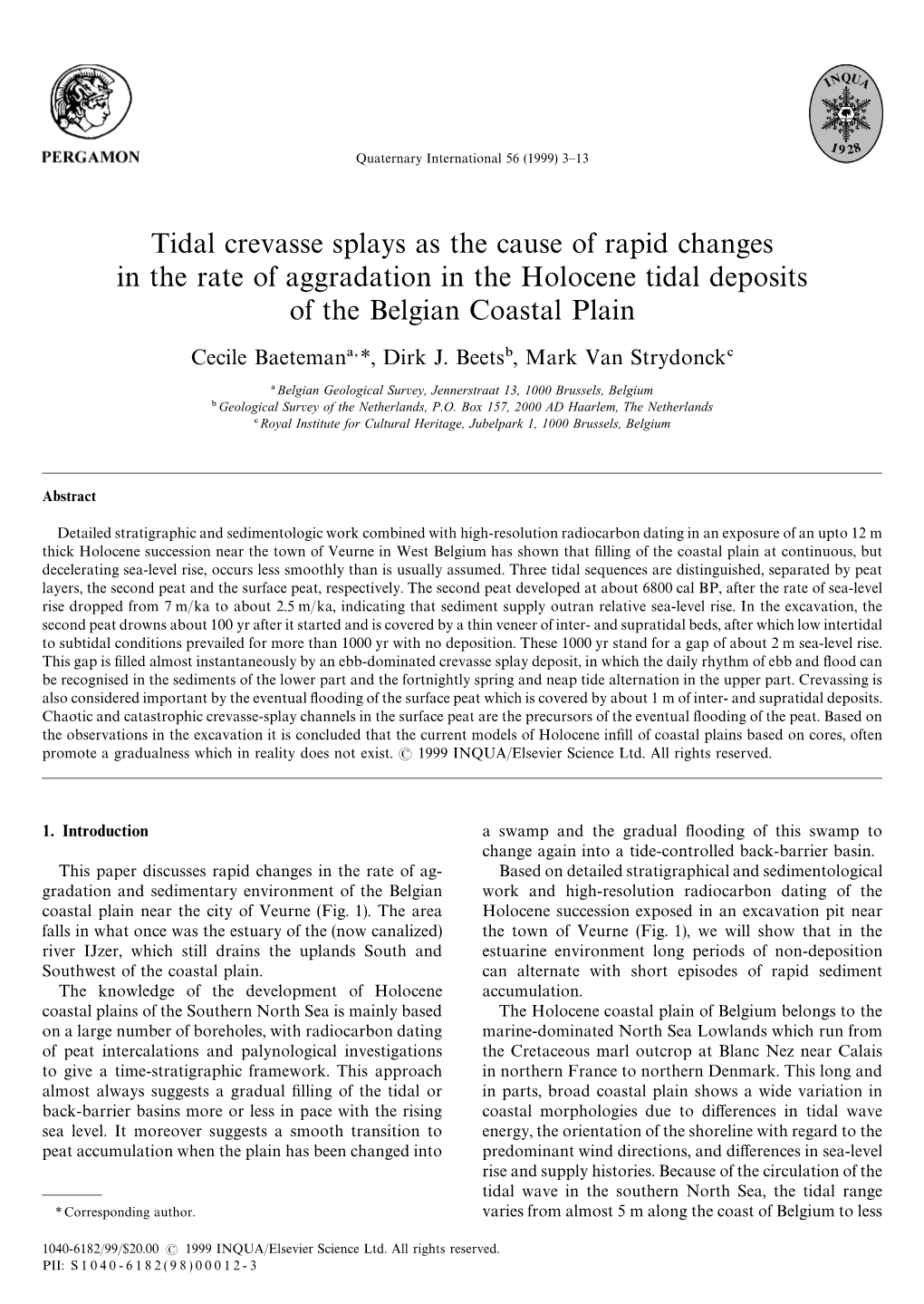 Tidal Crevasse Splays As the Cause of Rapid Changes in the Rate of Aggradation in the Holocene Tidal Deposits of the Belgian Coastal Plain