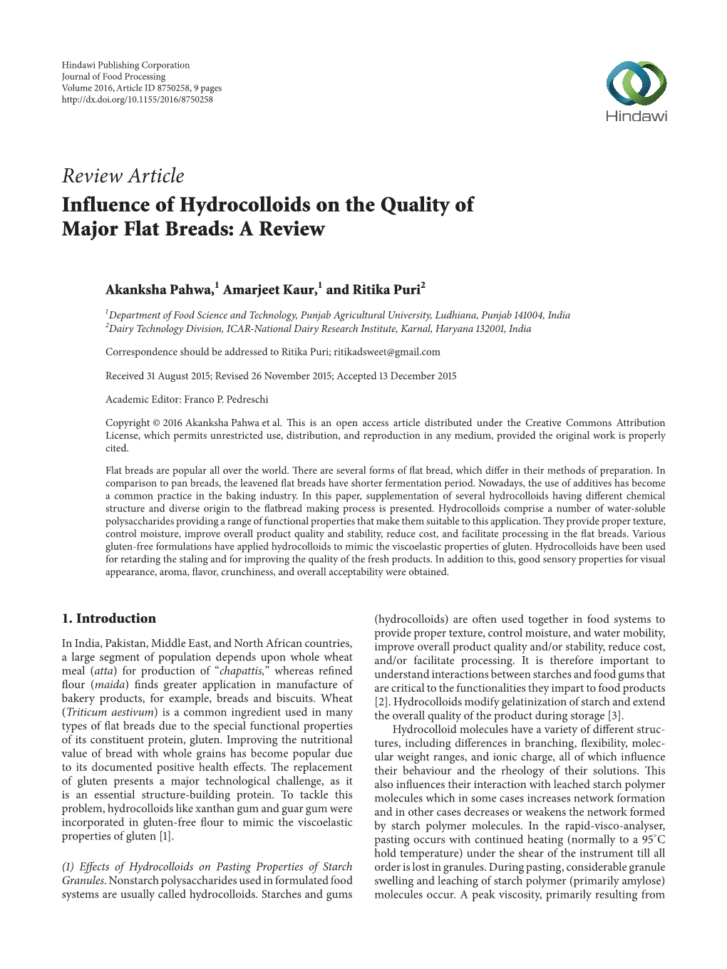 Review Article Influence of Hydrocolloids on the Quality of Major Flat Breads: a Review