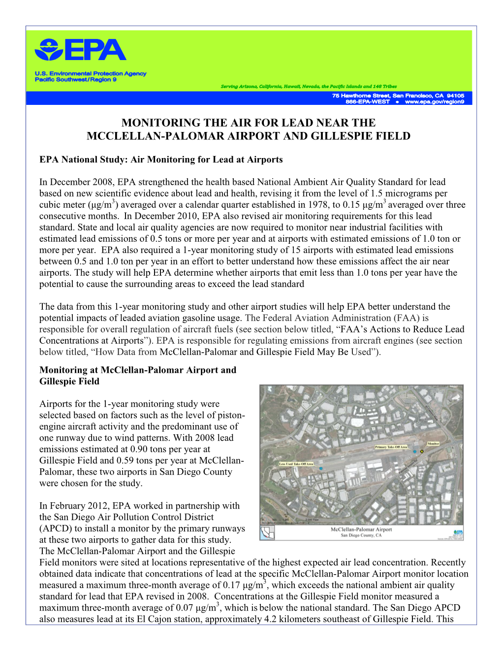 Monitoring the Air for Lead Near the Mcclellan-Palomar Airport and Gillespie Field