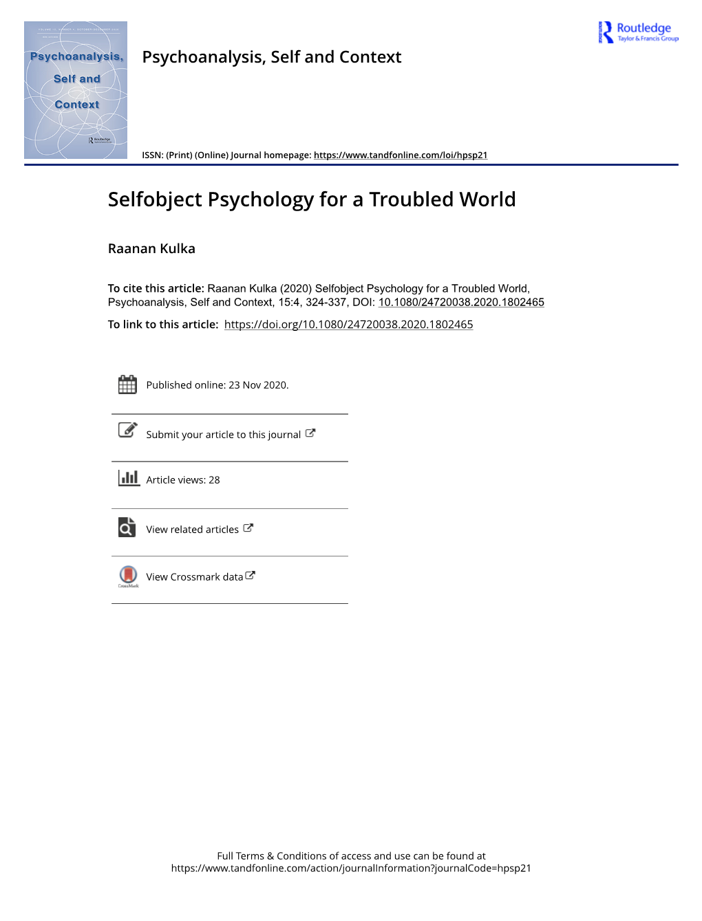 Selfobject Psychology for a Troubled World