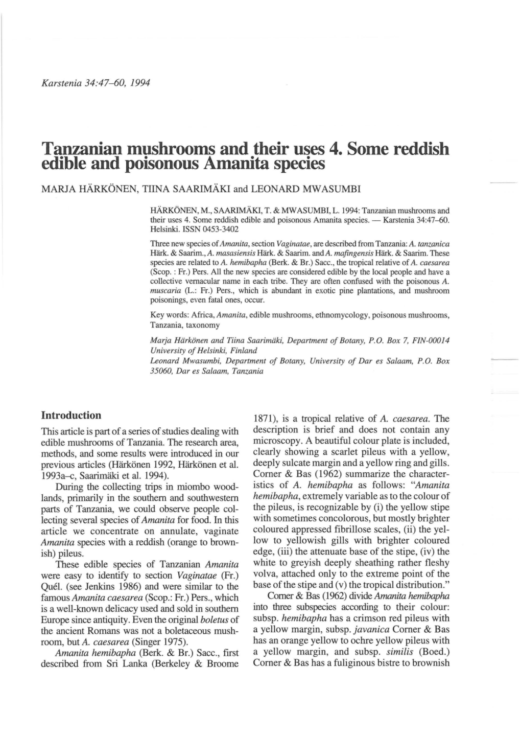 Tanzanian Mushrooms and Their Uses 4. Some Reddish Edible and Poisonous Amanita Species