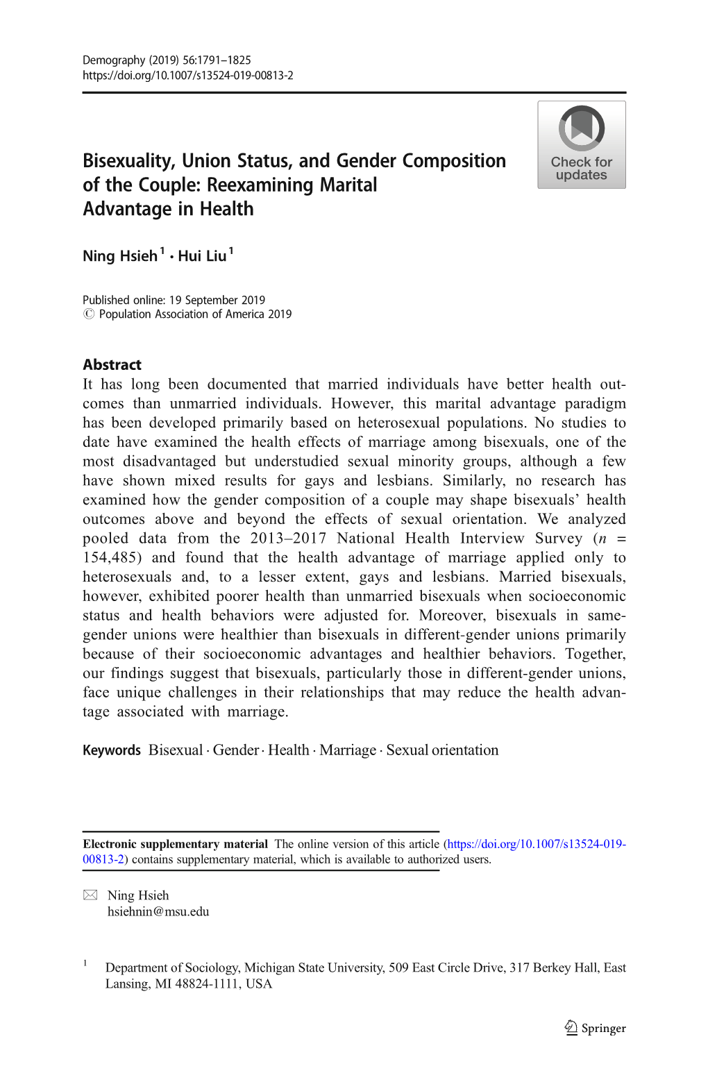 Bisexuality, Union Status, and Gender Composition of the Couple: Reexamining Marital Advantage in Health