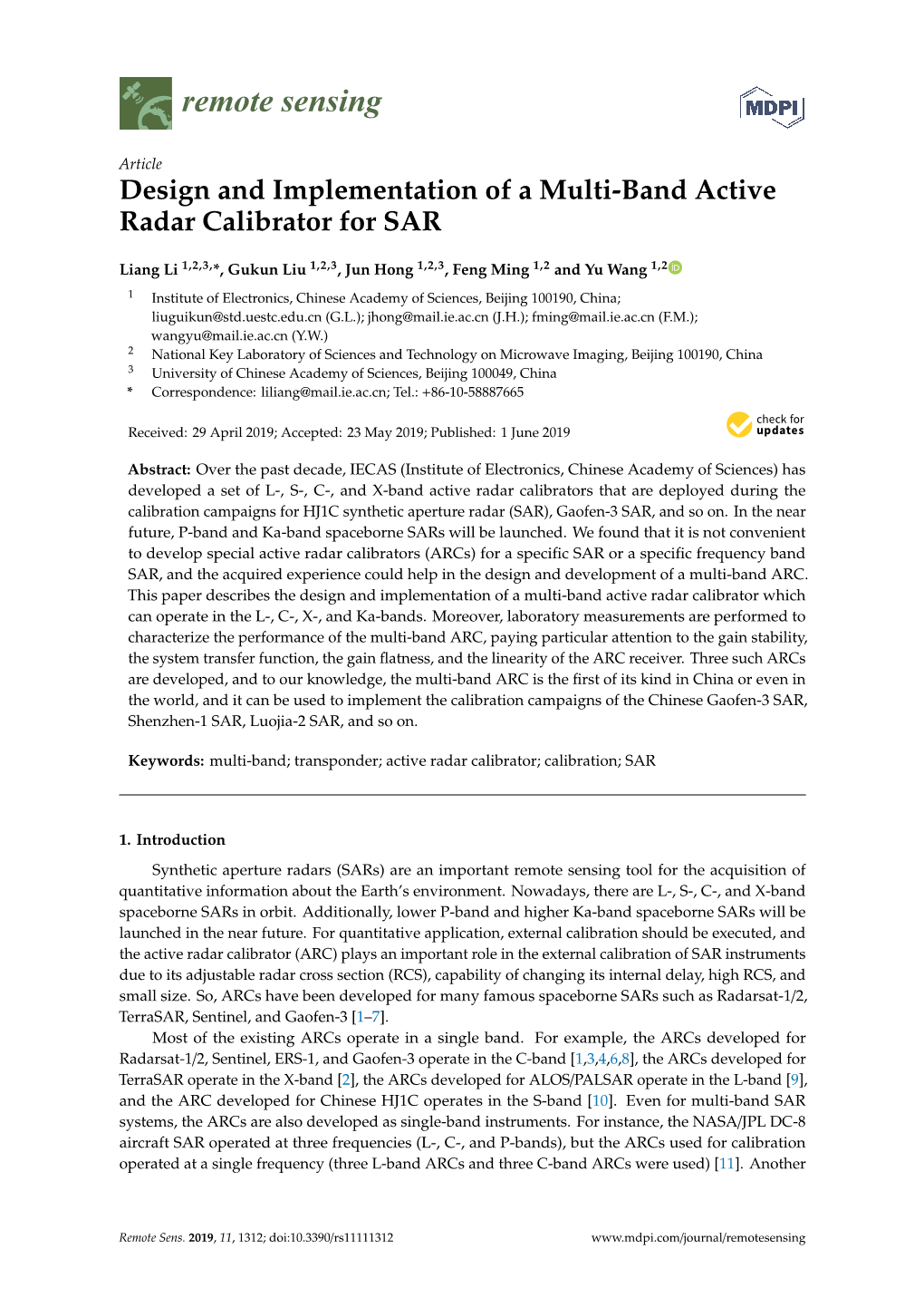 Design and Implementation of a Multi-Band Active Radar Calibrator for SAR