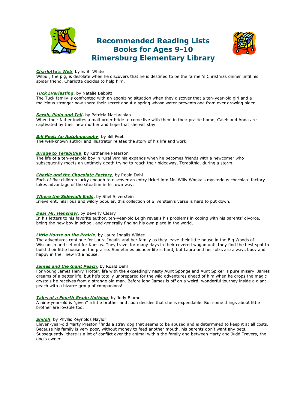 Recommended Reading Lists Books for Ages 9-10 Rimersburg Elementary Library