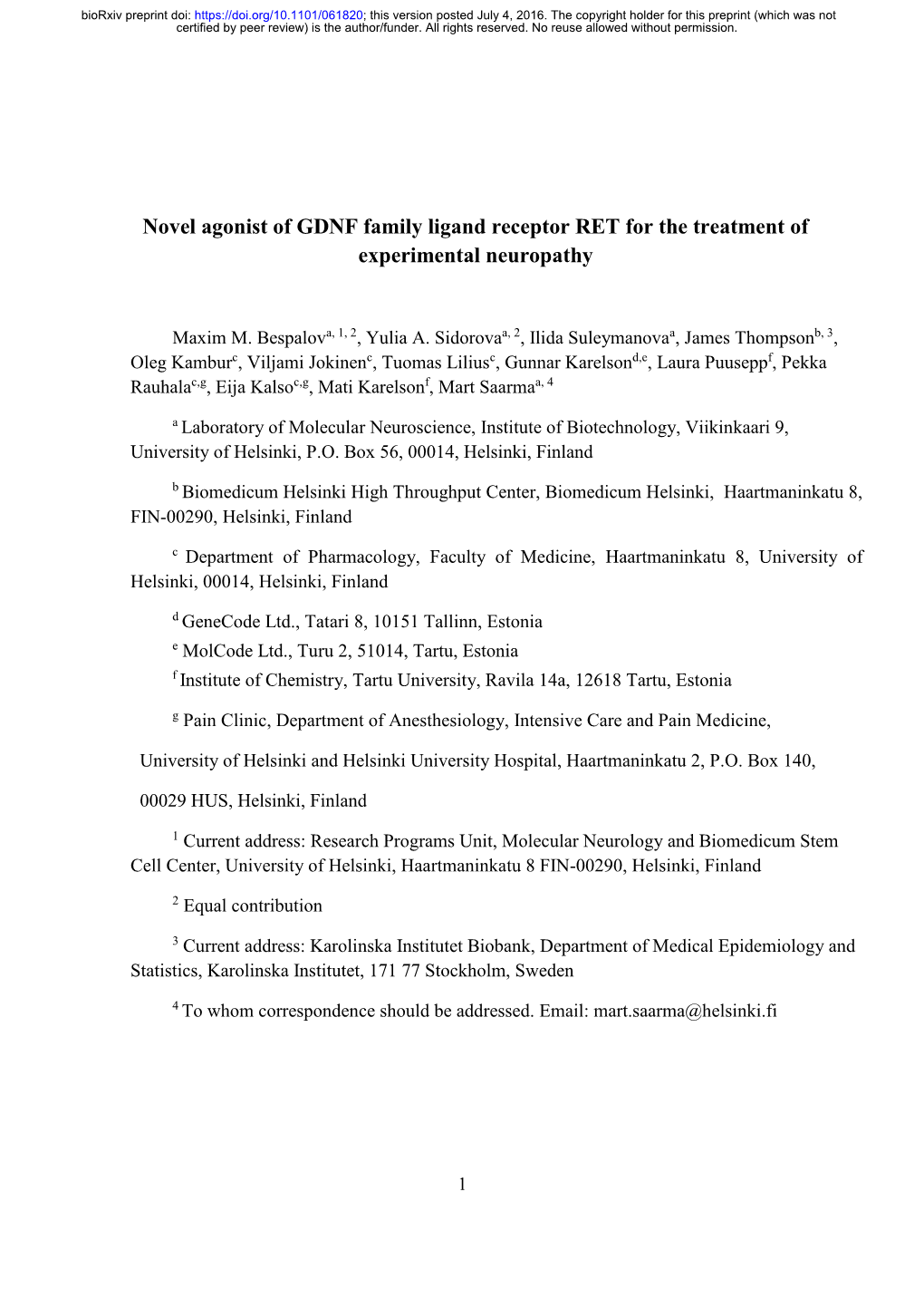 Novel Agonist of GDNF Family Ligand Receptor RET for the Treatment of Experimental Neuropathy