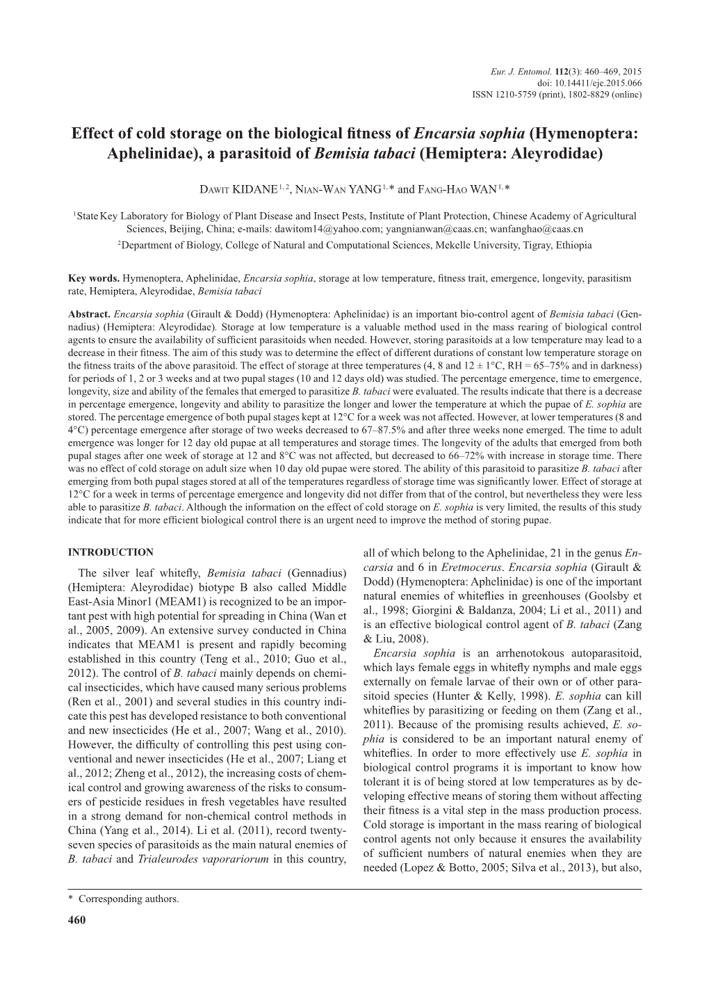 Effect of Cold Storage on the Biological Fitness of Encarsia Sophia