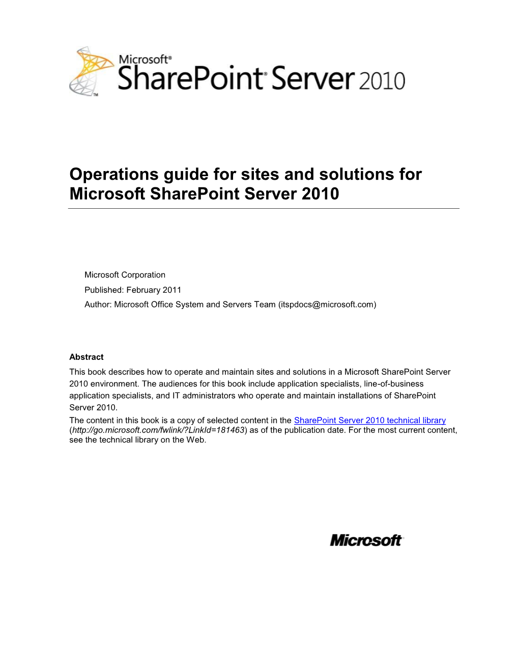 Operations Guide for Sites and Solutions for Microsoft Sharepoint Server 2010