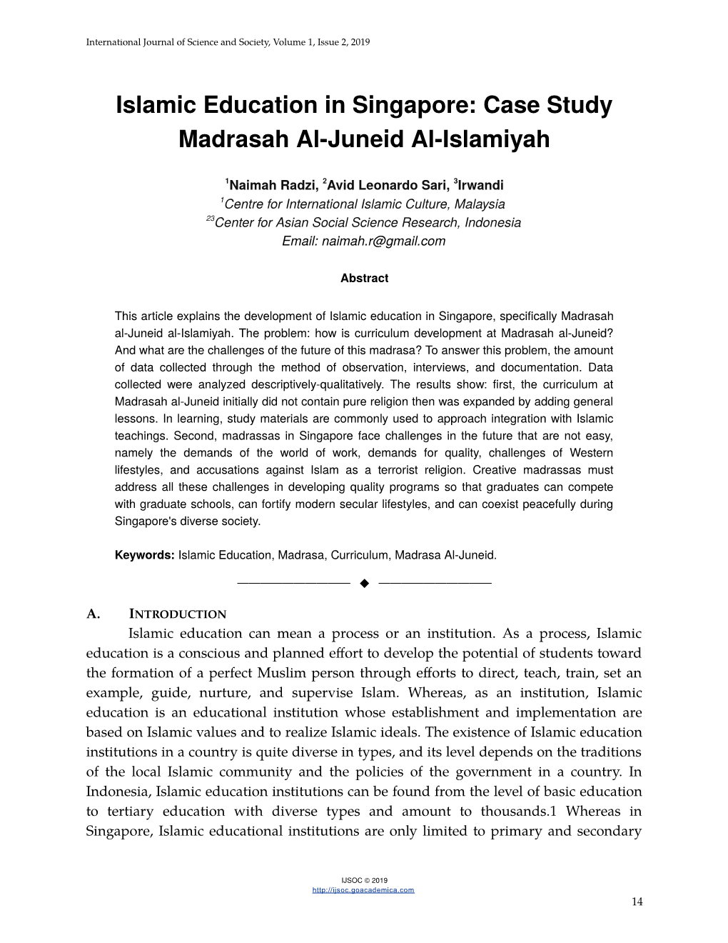 Islamic Education in Singapore: Case Study Madrasah Al-Juneid Al-Islamiyah