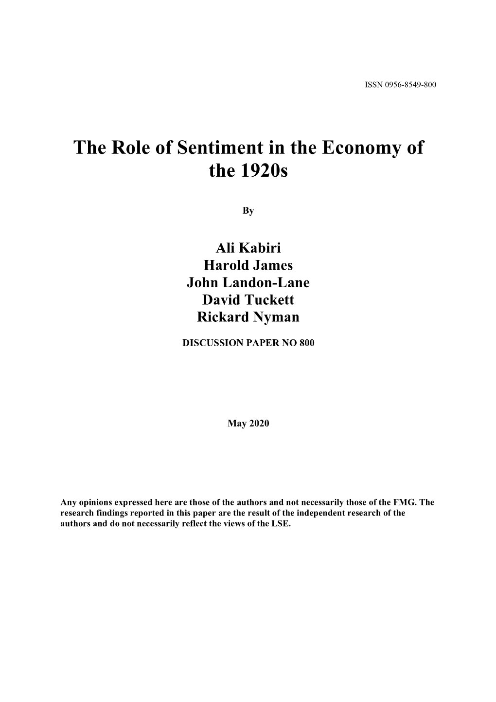 The Role of Sentiment in the Economy of the 1920S